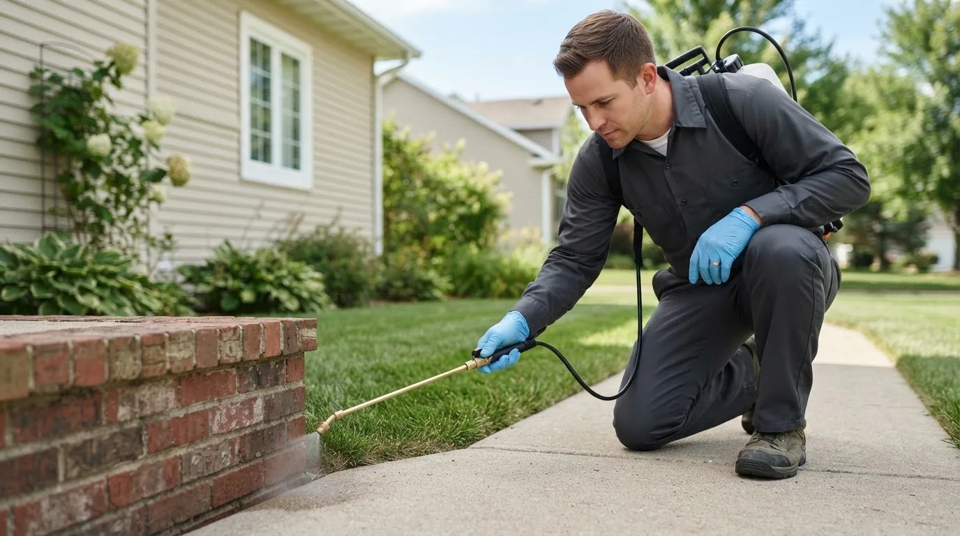 Pest control technician treating a home near Mcbain, MI