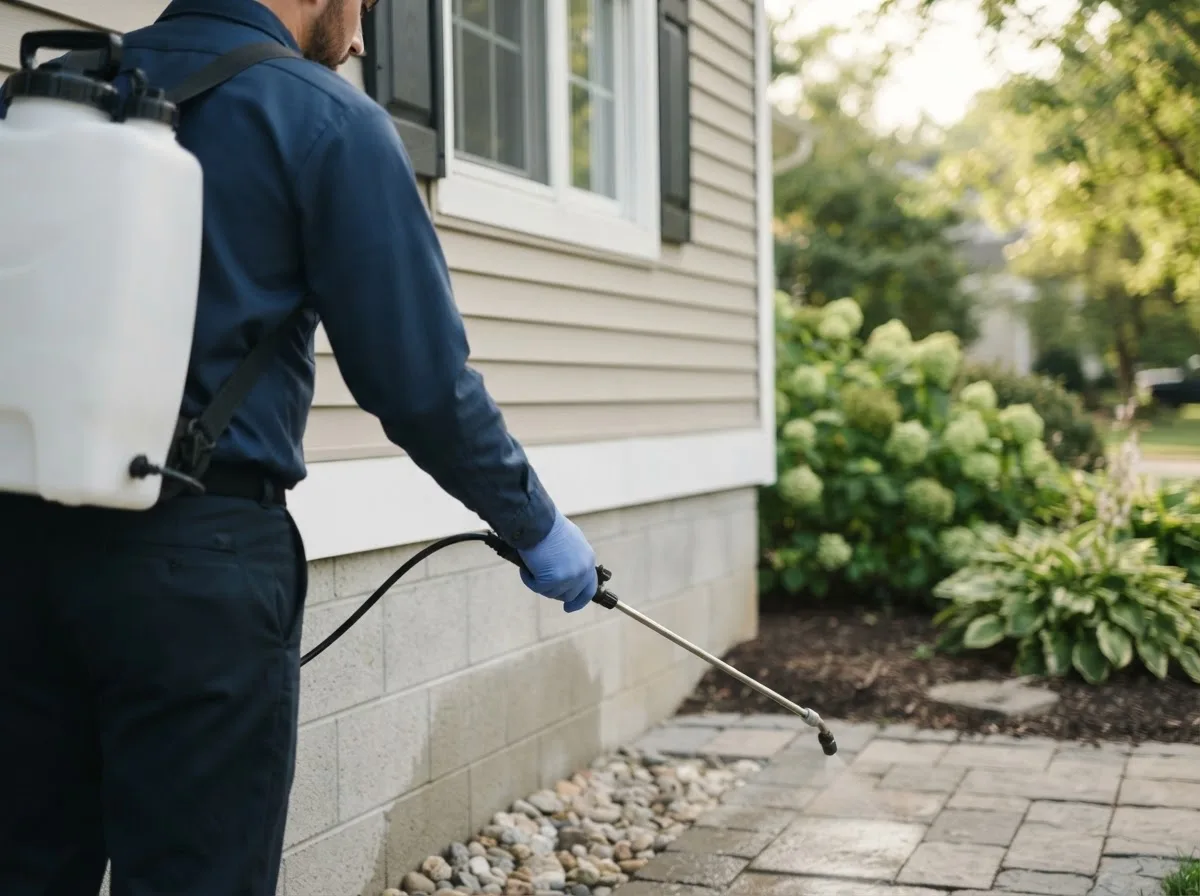 Pest control technician inspecting a home in Mcbain, MI
